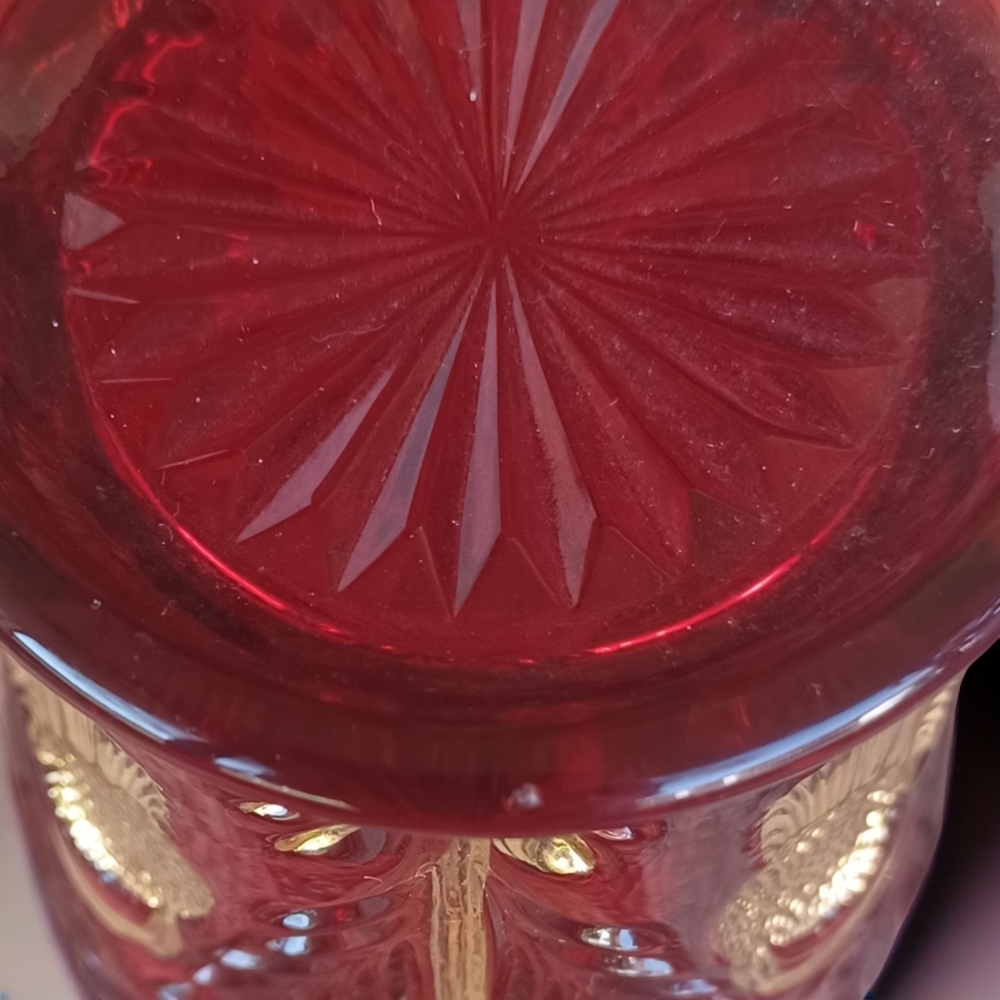 Vintage Mosser Red & Gold Inverted Thistle Pitcher, Tumblers, Cream & Sugar Set - Picture 7 of 7